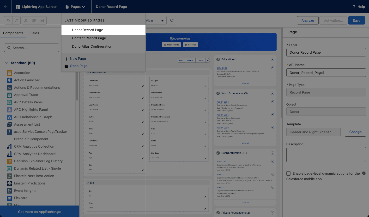 Lightning App Builder with the Donor Record Page selected from the Pages dropdown