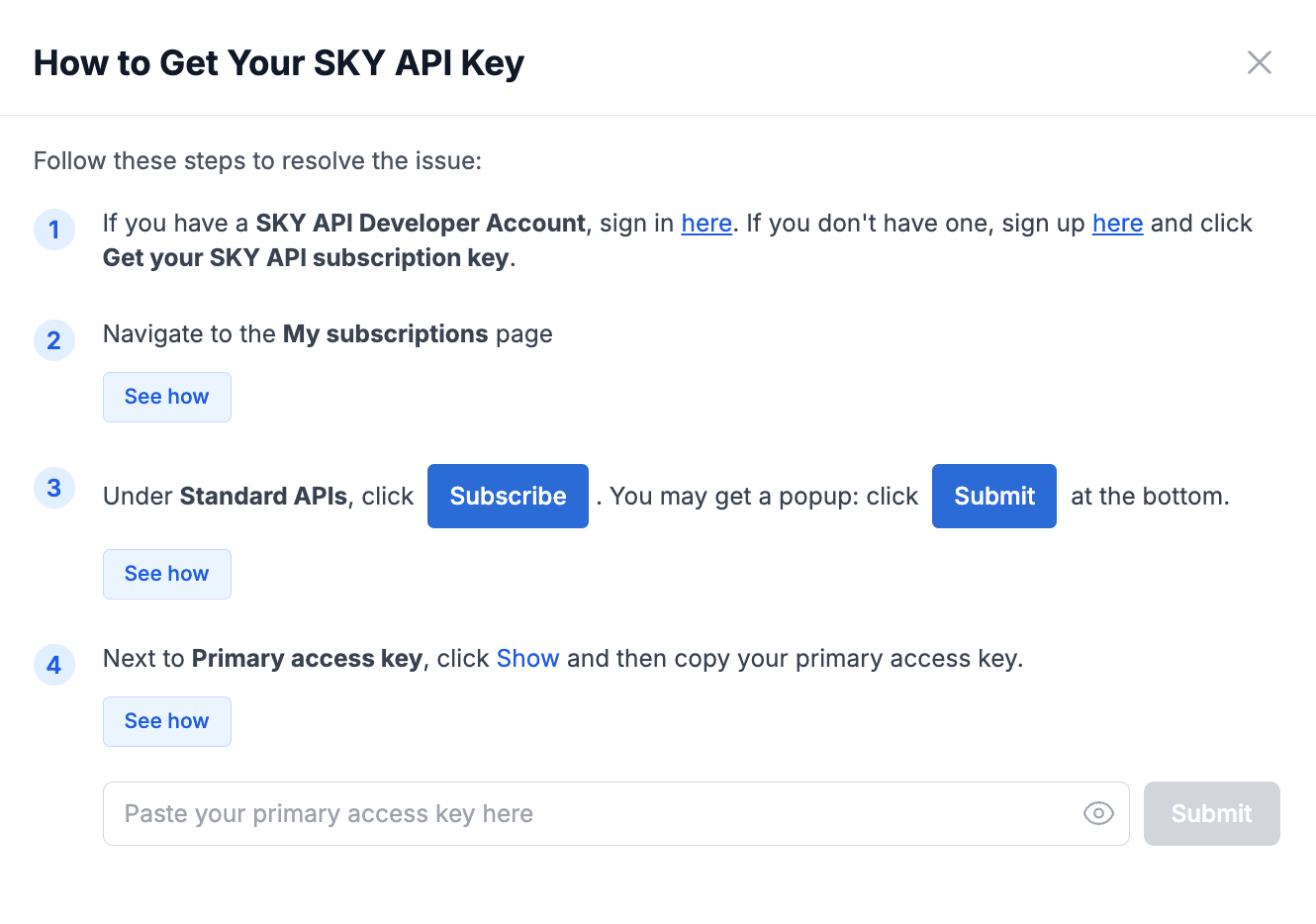 SKY API Key setup warning and instructions