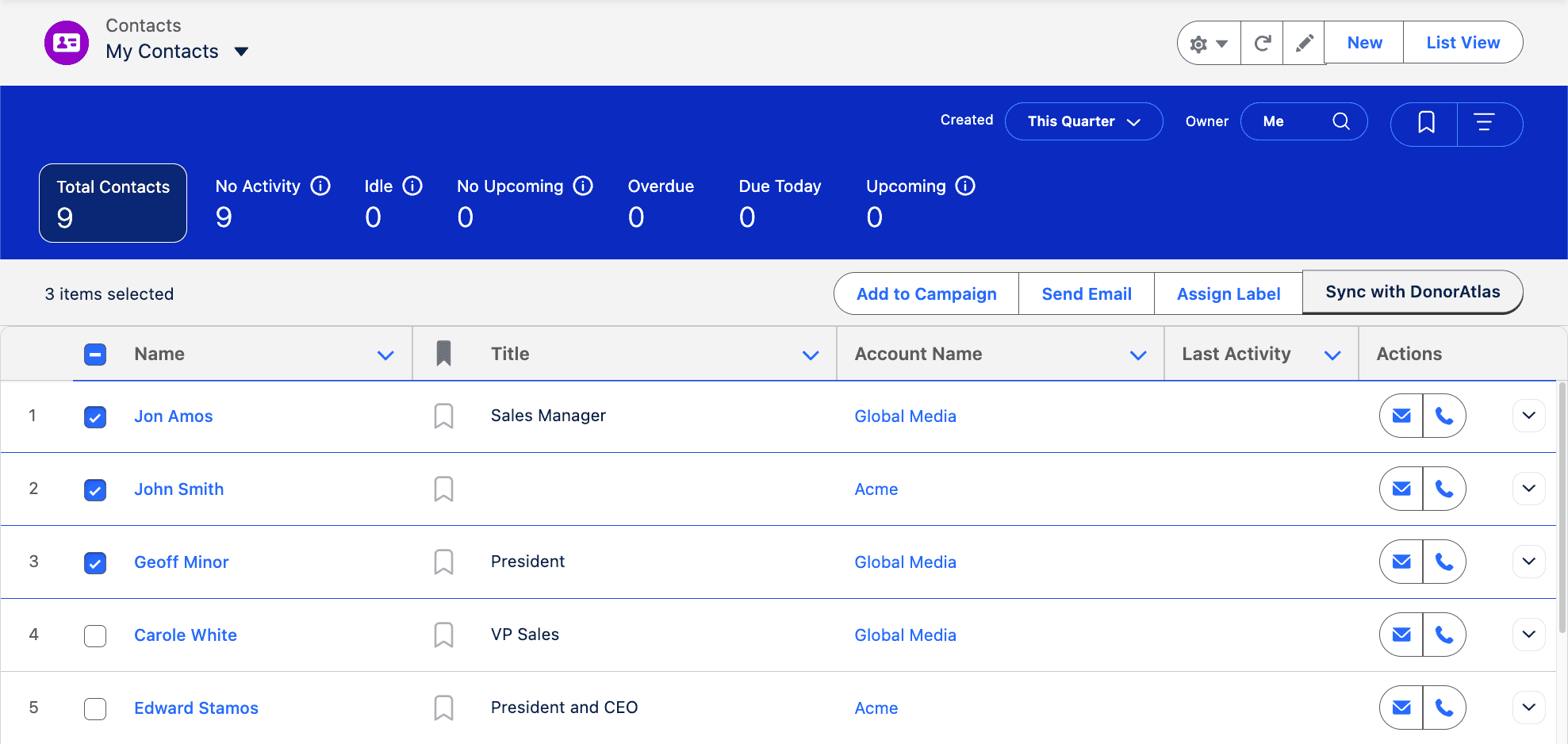 Contact list view with Sync with DonorAtlas button in the toolbar
