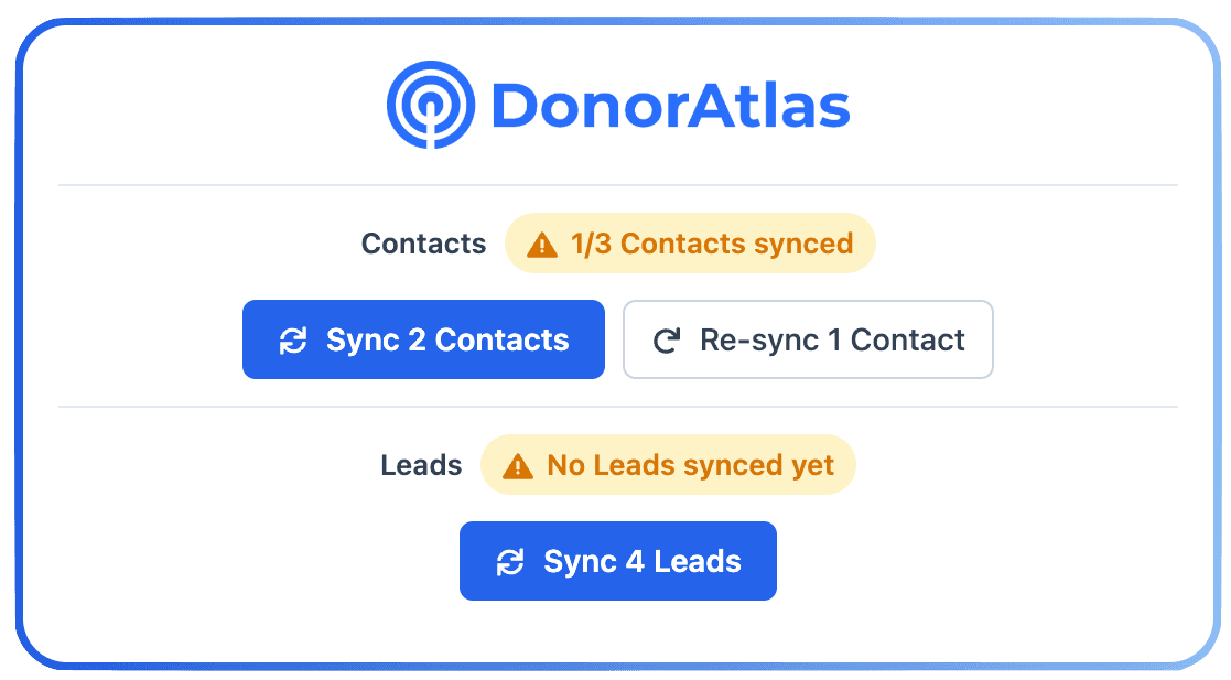 DonorAtlas Campaign Sync component showing sync status