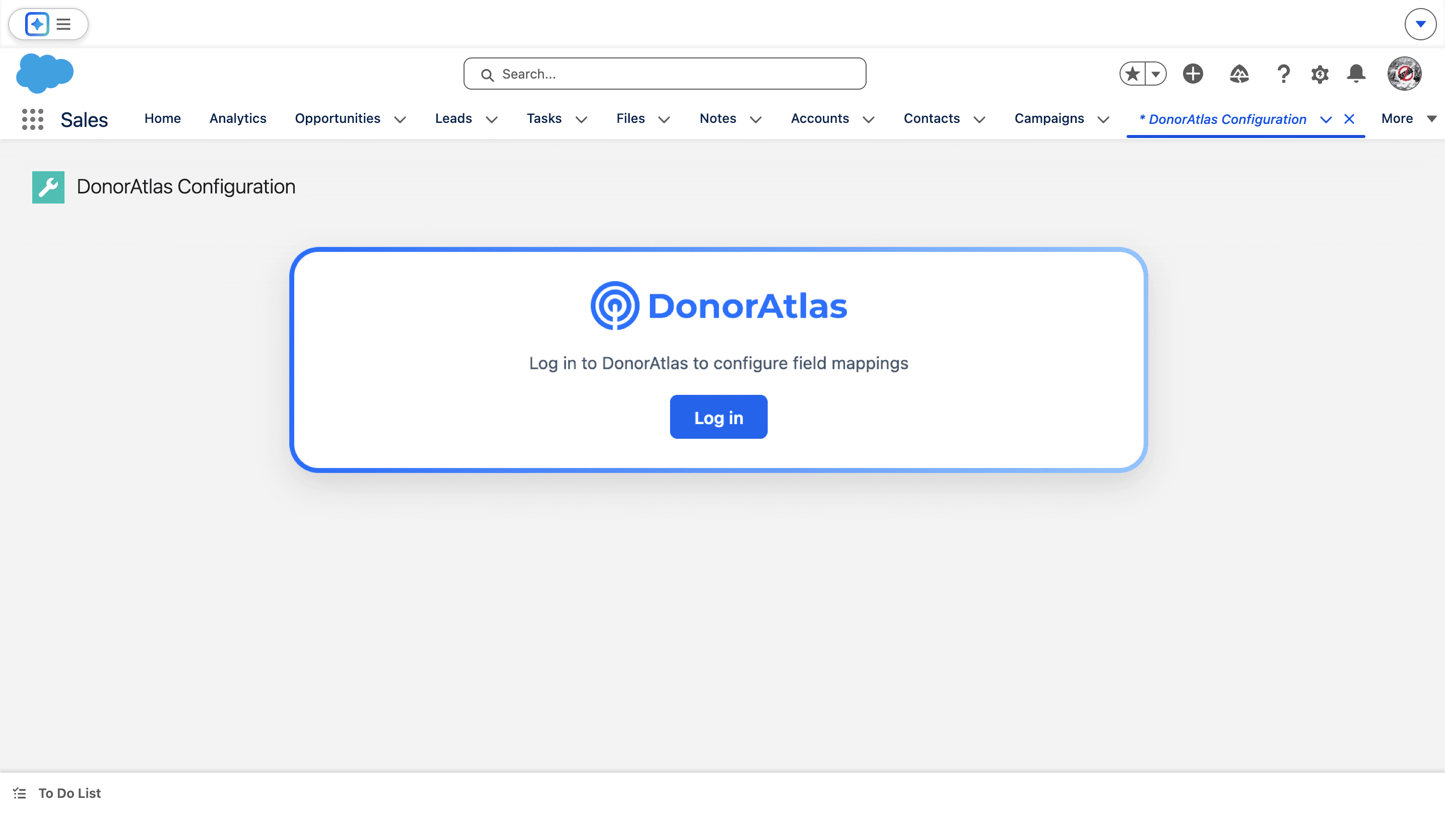 DonorAtlas Configuration page with Log in button