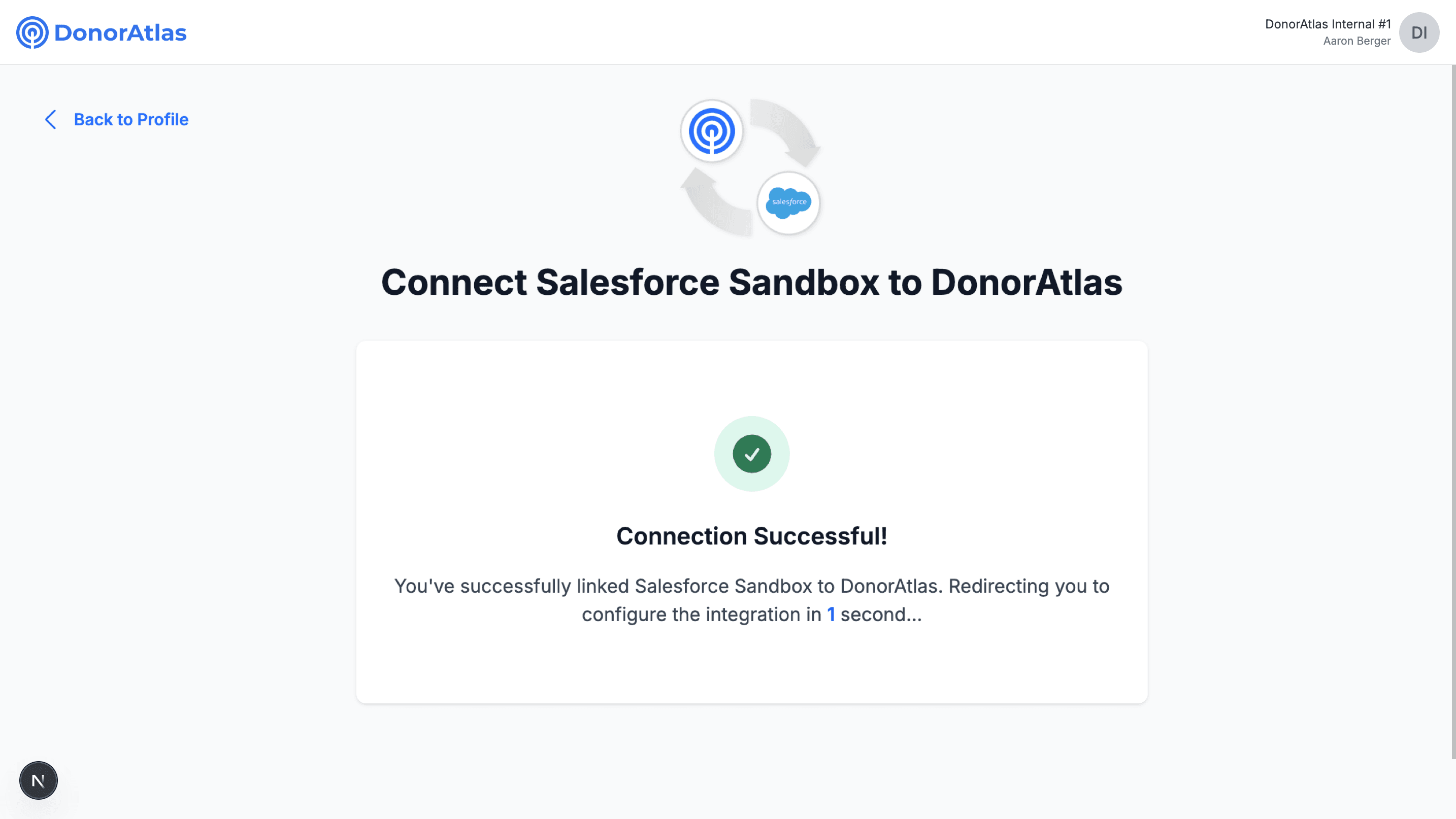 Connection Successful screen after linking DonorAtlas