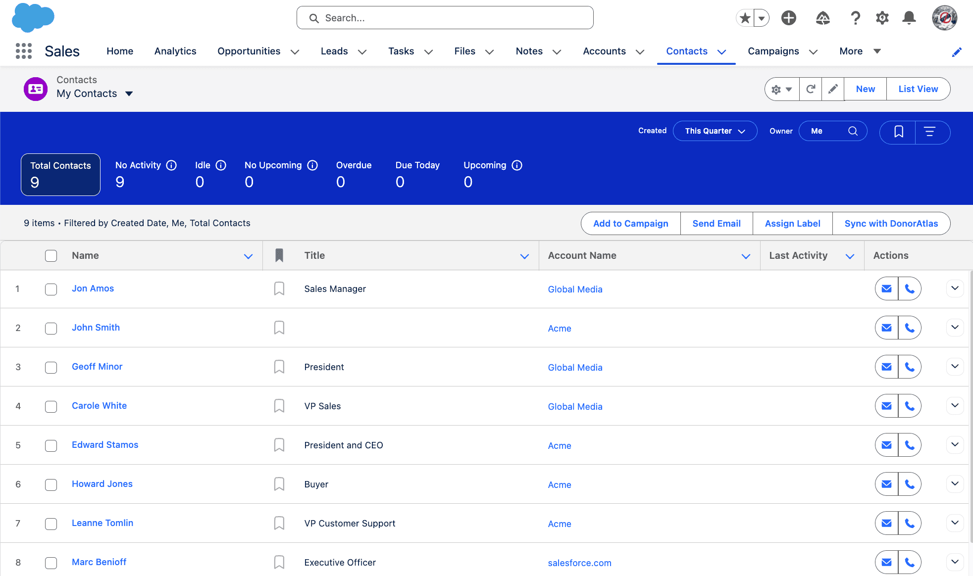 Contacts list view with Sync with DonorAtlas button