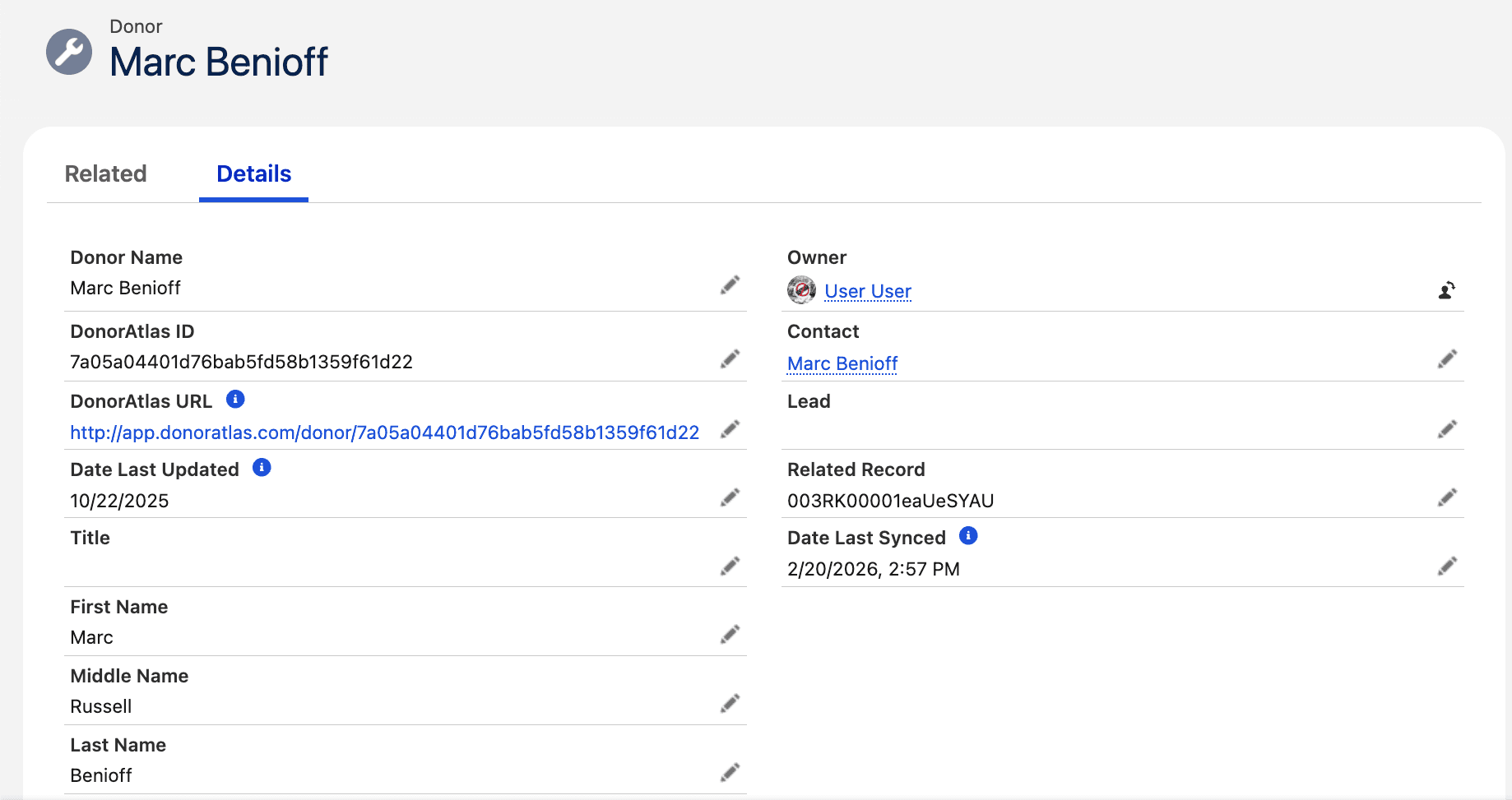 Contact record page with the Donor related list showing a linked Donor record