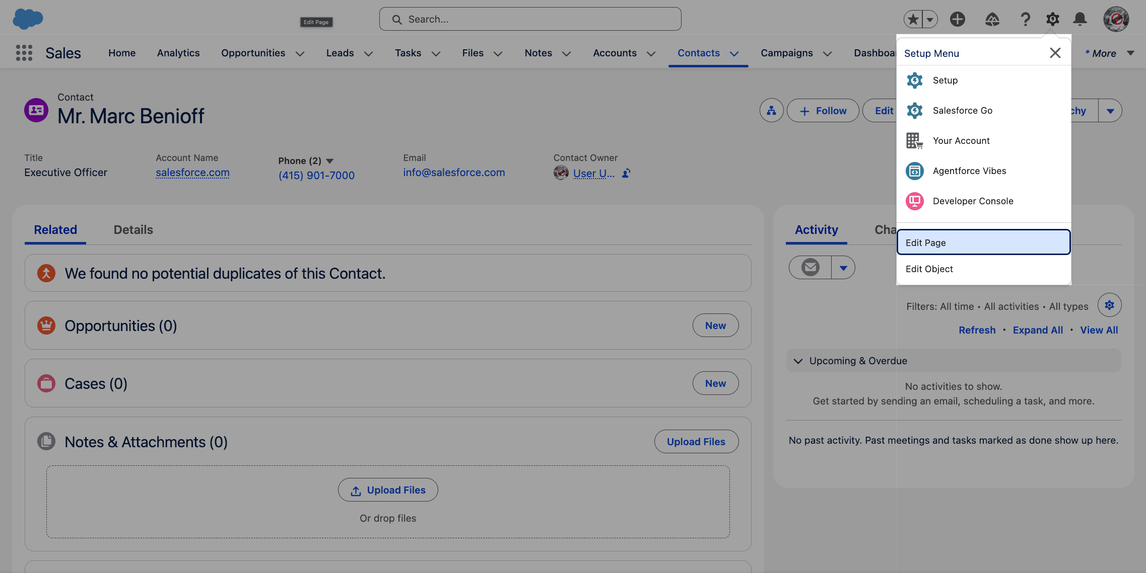 Gear icon menu with Edit Page option on a Salesforce Contact