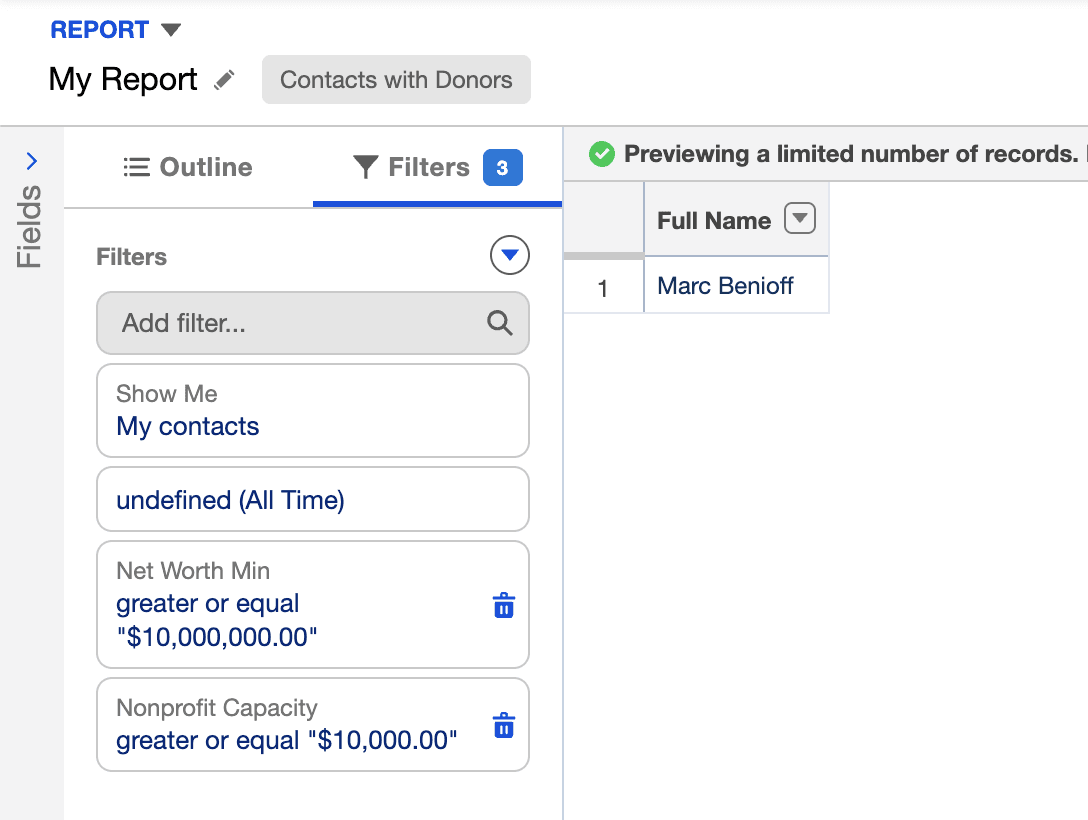 Salesforce report builder with Contacts with Donors report type