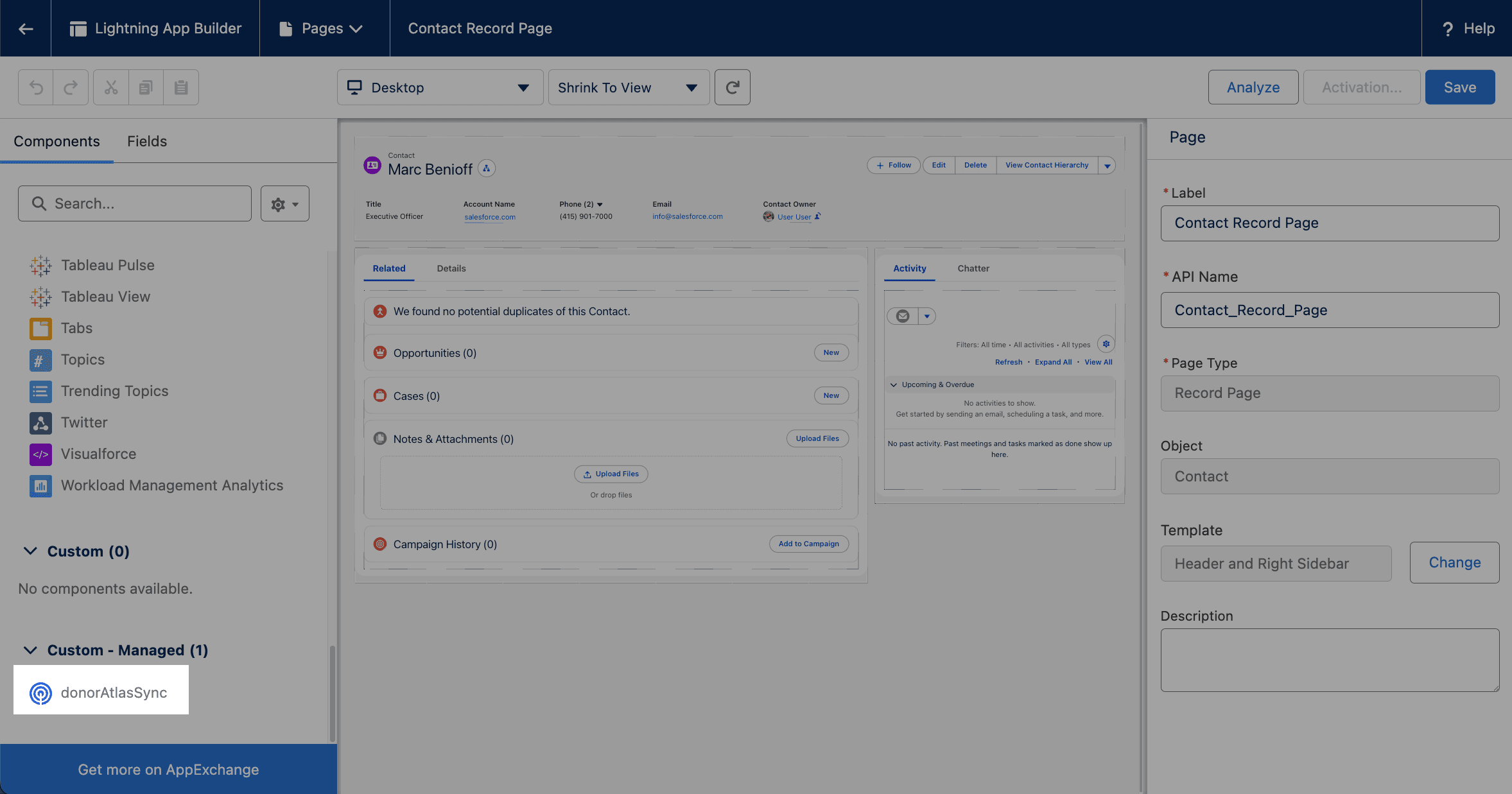 Lightning App Builder showing donorAtlasSync component