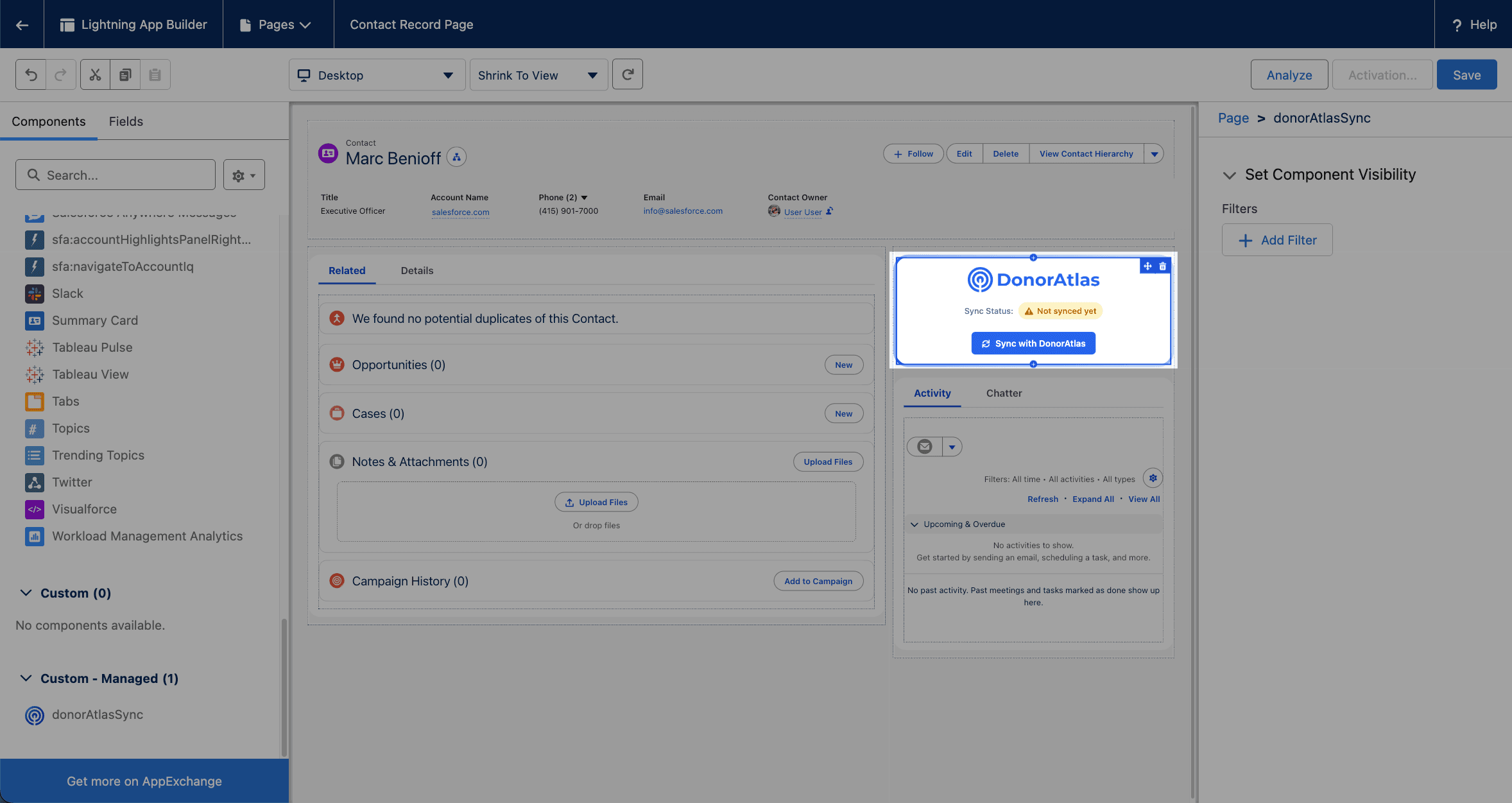 donorAtlasSync component placed on the Contact page layout