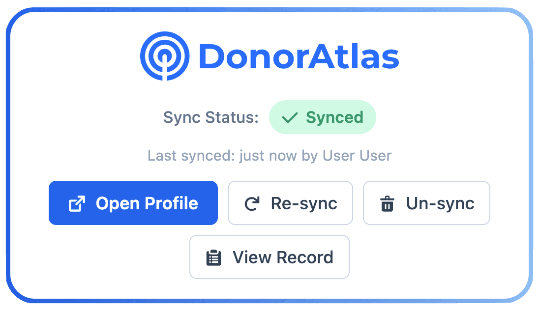 DonorAtlas component showing a synced record with action buttons