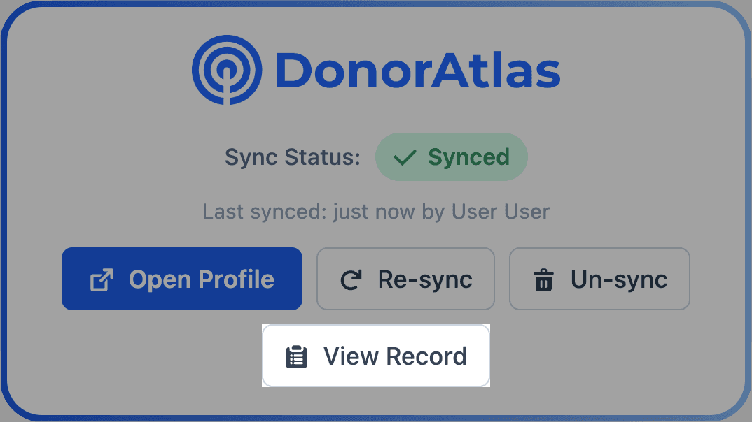 DonorAtlas component in Synced state with View Record, Resync, and Unsync buttons